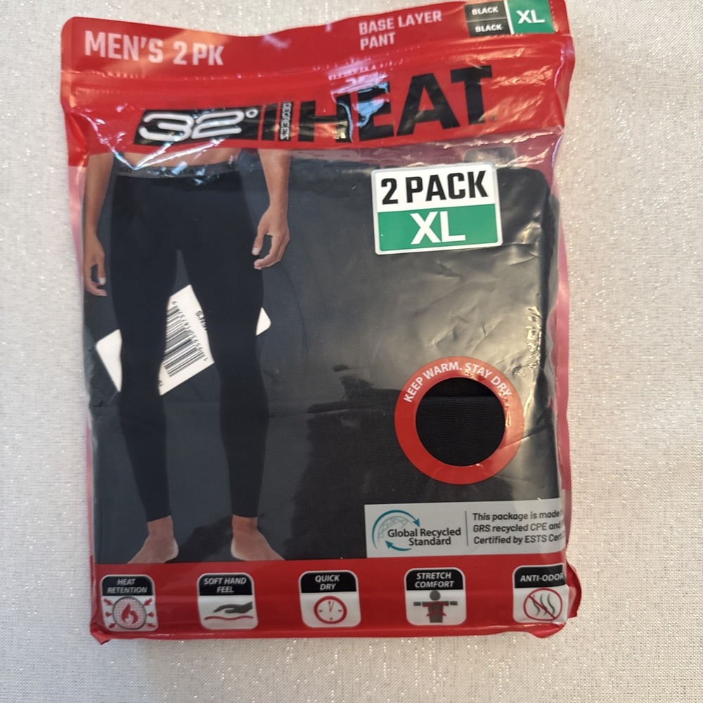 32 Degrees Men's Heat Stretch Quick-Dry Base Layer Pant 2-Pack, Black, Size XL